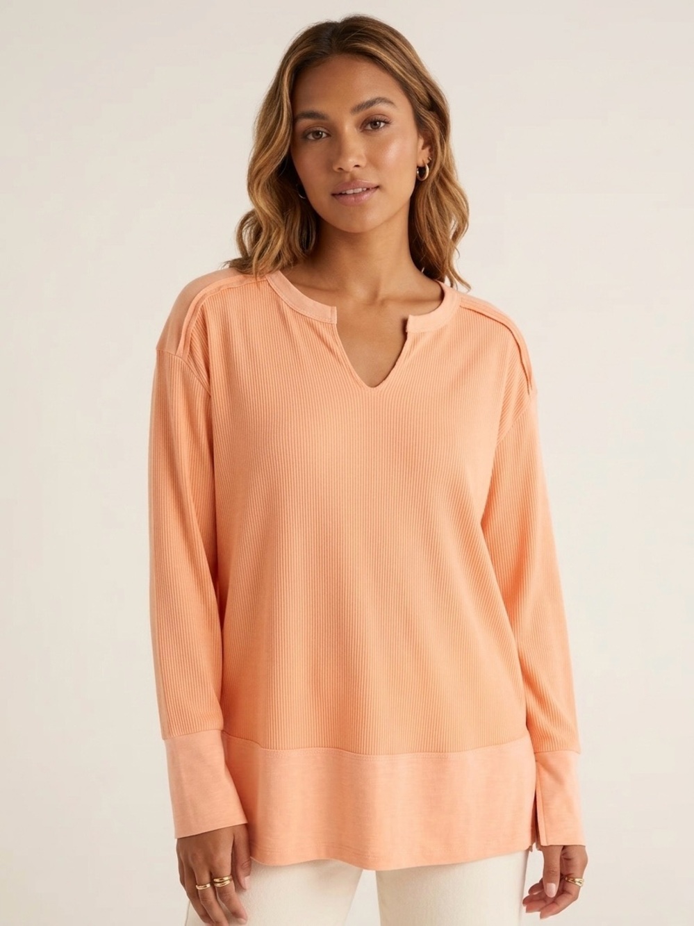 🍑🍊NWOT Andree by Unit "Peachy🍑Orange🍊 Mixed Media Longsleeve Top” Large